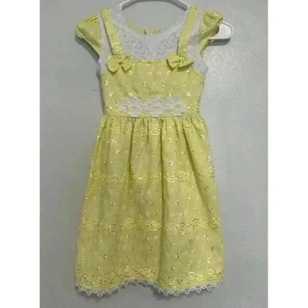 LA fille Girls Yellow Lace Bow Dress Sz 4-5T Spring Party Formal